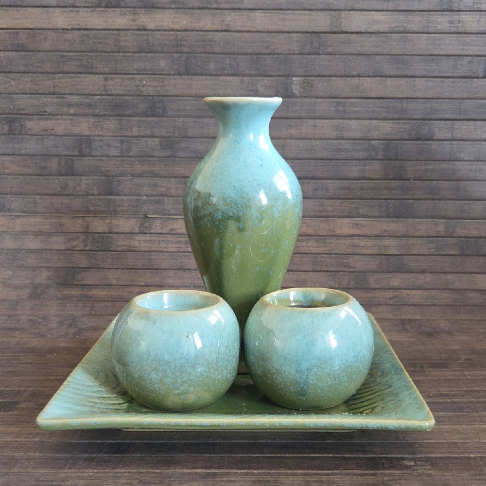 Green Ceramic Vase and Votive Candle Holder Set